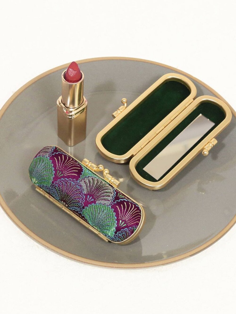 Seashell Brocade Lipstick Holder with Mirror | Burgundy & Green